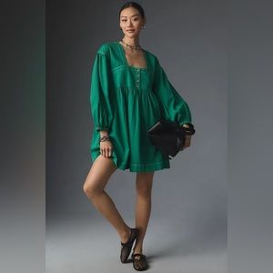 By Anthropologie | Long Sleeved Square Neck Denim Babydoll Mini Dress in Green